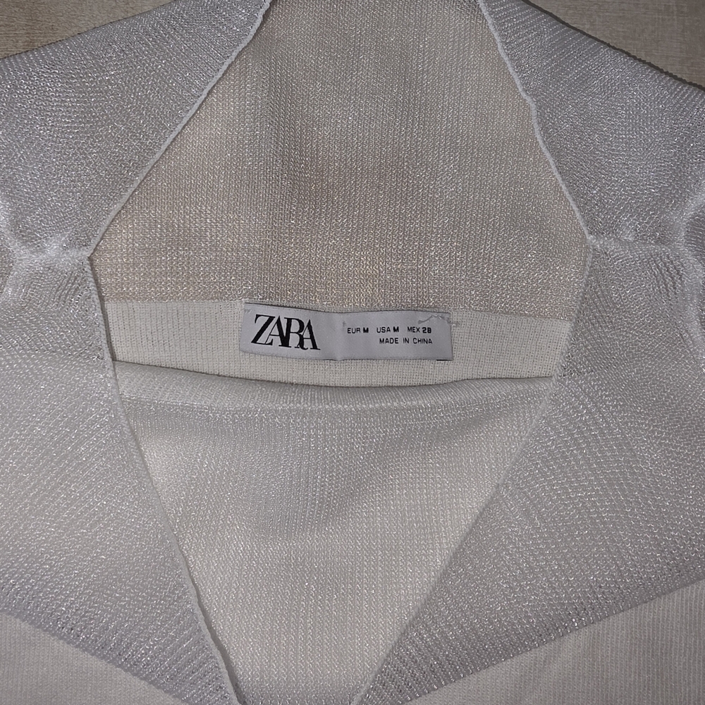 Zara White Sheer Mesh Yoke Ribbed Knit Top Short Sleeve Size Medium - Picture 5 of 9